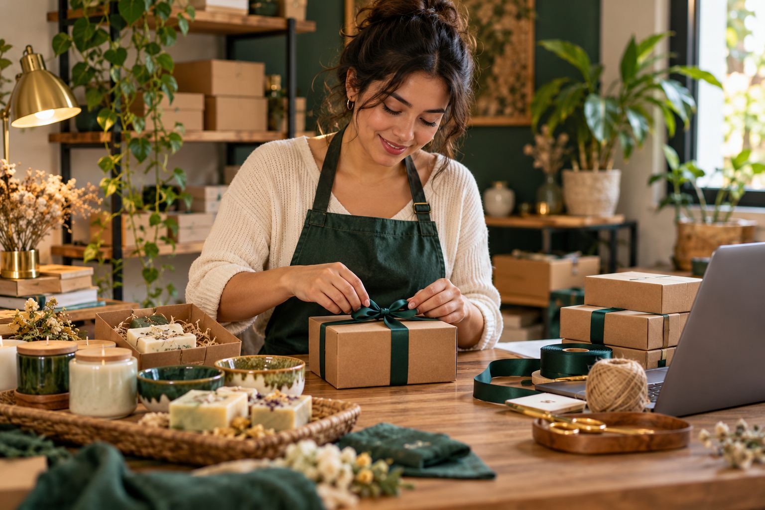 Emprendedora preparando pedidos en casa.