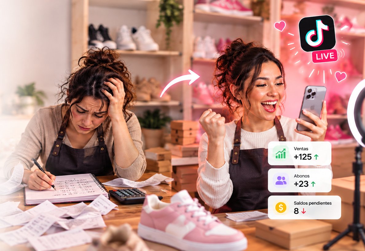 Antes: agobiada anotando ventas en un cuaderno. Después: feliz, con las ventas bajo control en su celular.